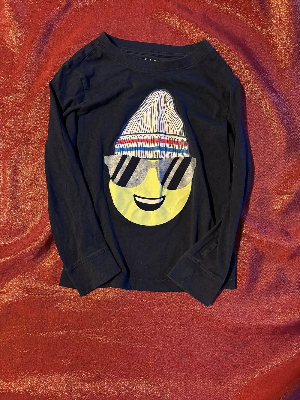 Basic Editions Tee Kids M (8) Black Long Sleeve Emoji Face Beanie Sunglasses
